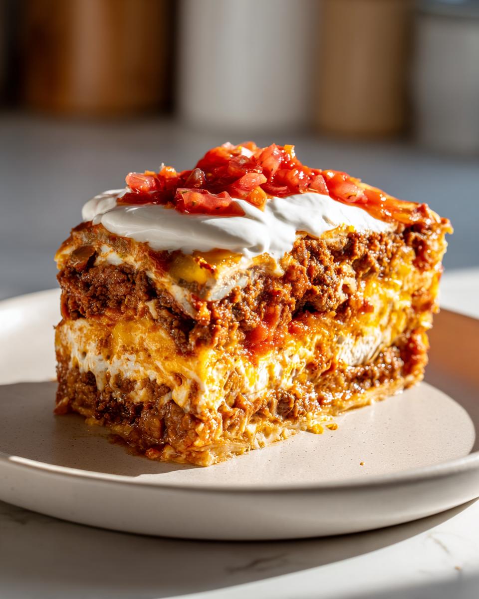 A thick, layered slice of taco pie topped with sour cream and diced tomatoes.