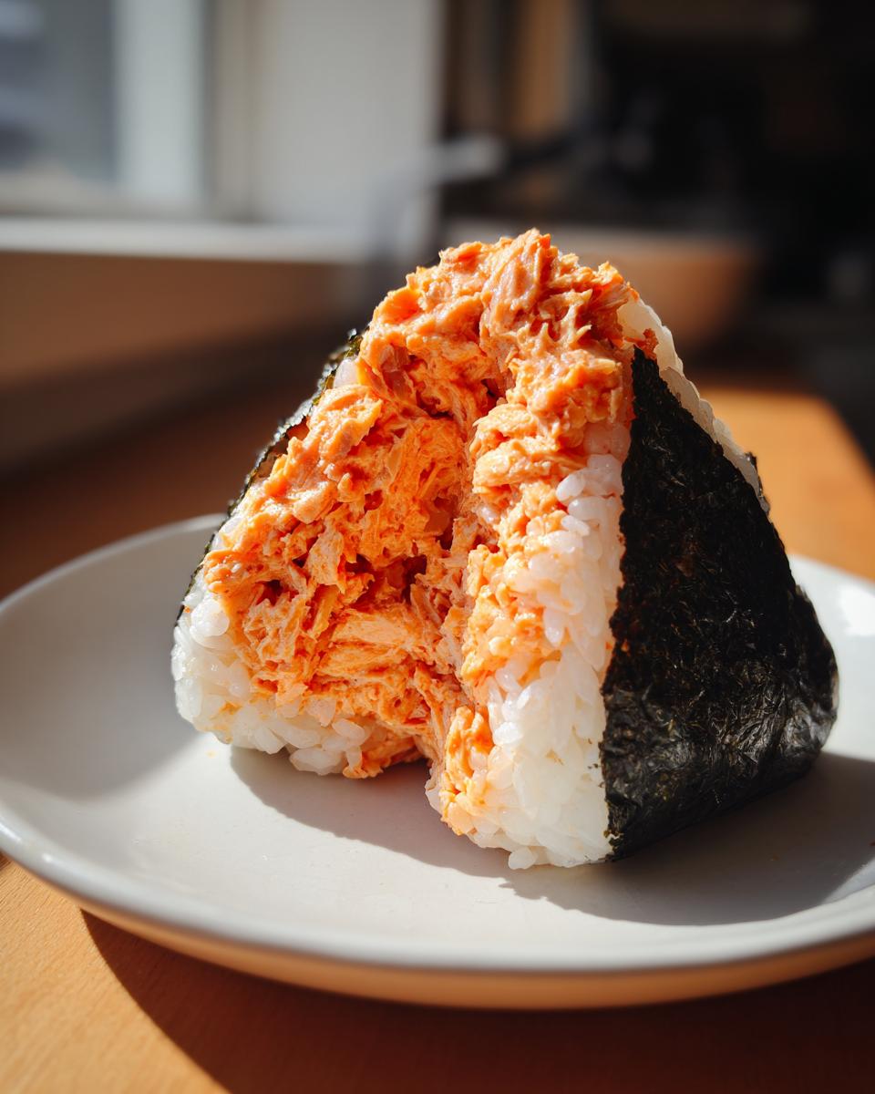 A triangular tuna onigiri cut in half, revealing a generous, bright orange spicy tuna filling surrounded by white rice and nori seaweed.