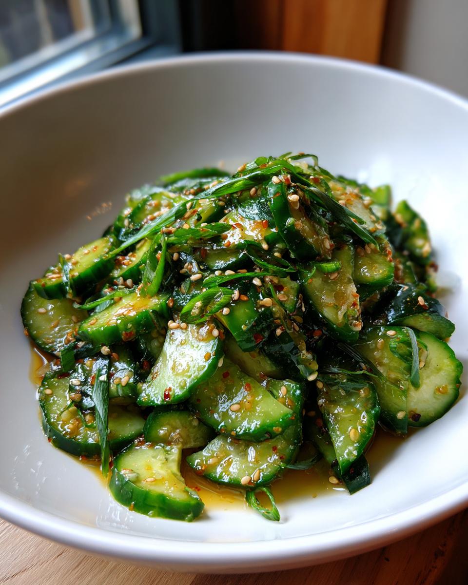 Close-up of vibrant, sliced Asian cucumber salad tossed in a savory dressing with sesame seeds and scallions.