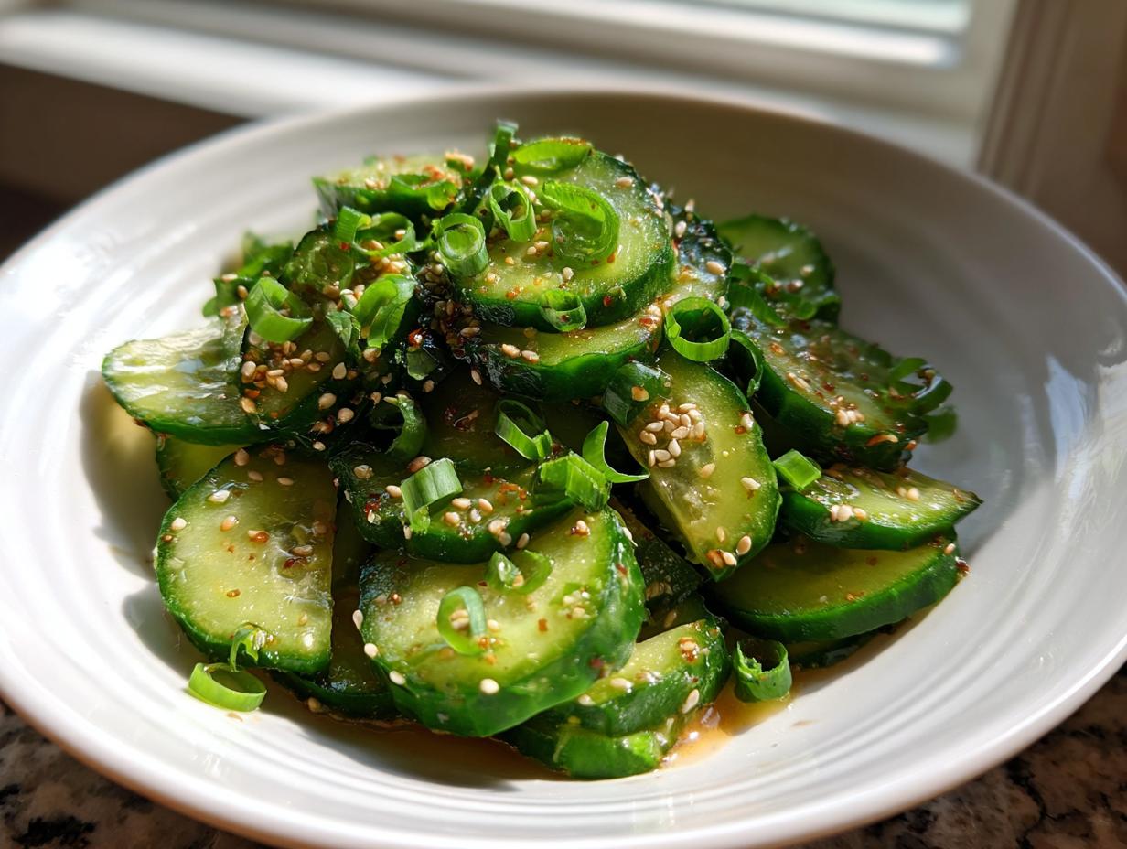 A vibrant bowl of Asian cucumber salad, garnished with sesame seeds and green onions.