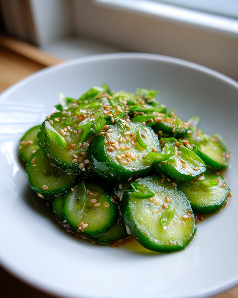 Close-up of sliced cucumbers dressed in sauce, topped with sesame seeds and green onions for an asian cucumber salad.