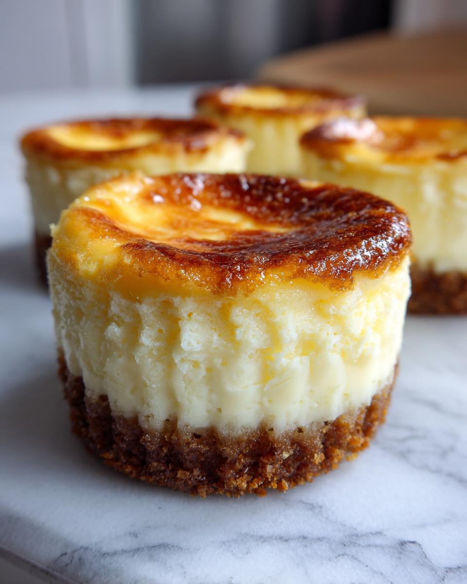 A close-up of one perfectly baked cheesecake cupcake with a golden-brown top, resting on a marble surface alongside others.