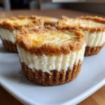 Three individual baked cheesecake cupcakes with graham cracker crusts sitting on a white square plate.