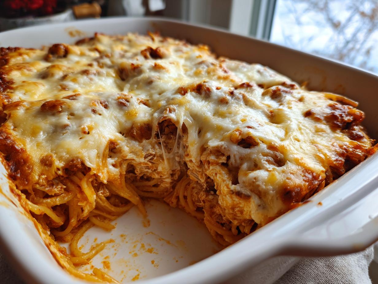A close-up view of baked chicken spaghetti in a white dish, featuring melted, gooey cheese topping.