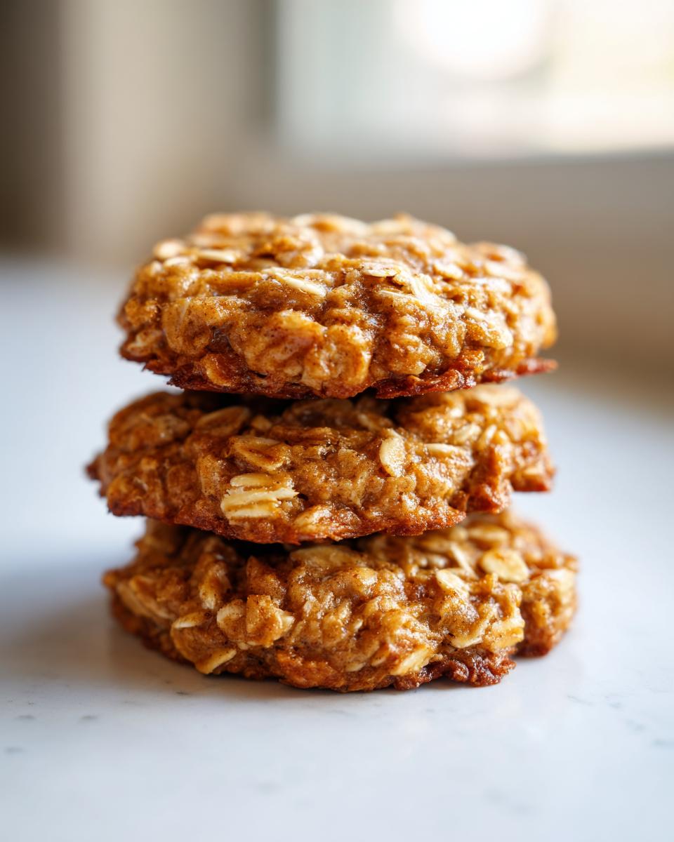 A vertical stack of three golden brown banana oatmeal cookies, showing visible oats, set against a bright, blurred background.