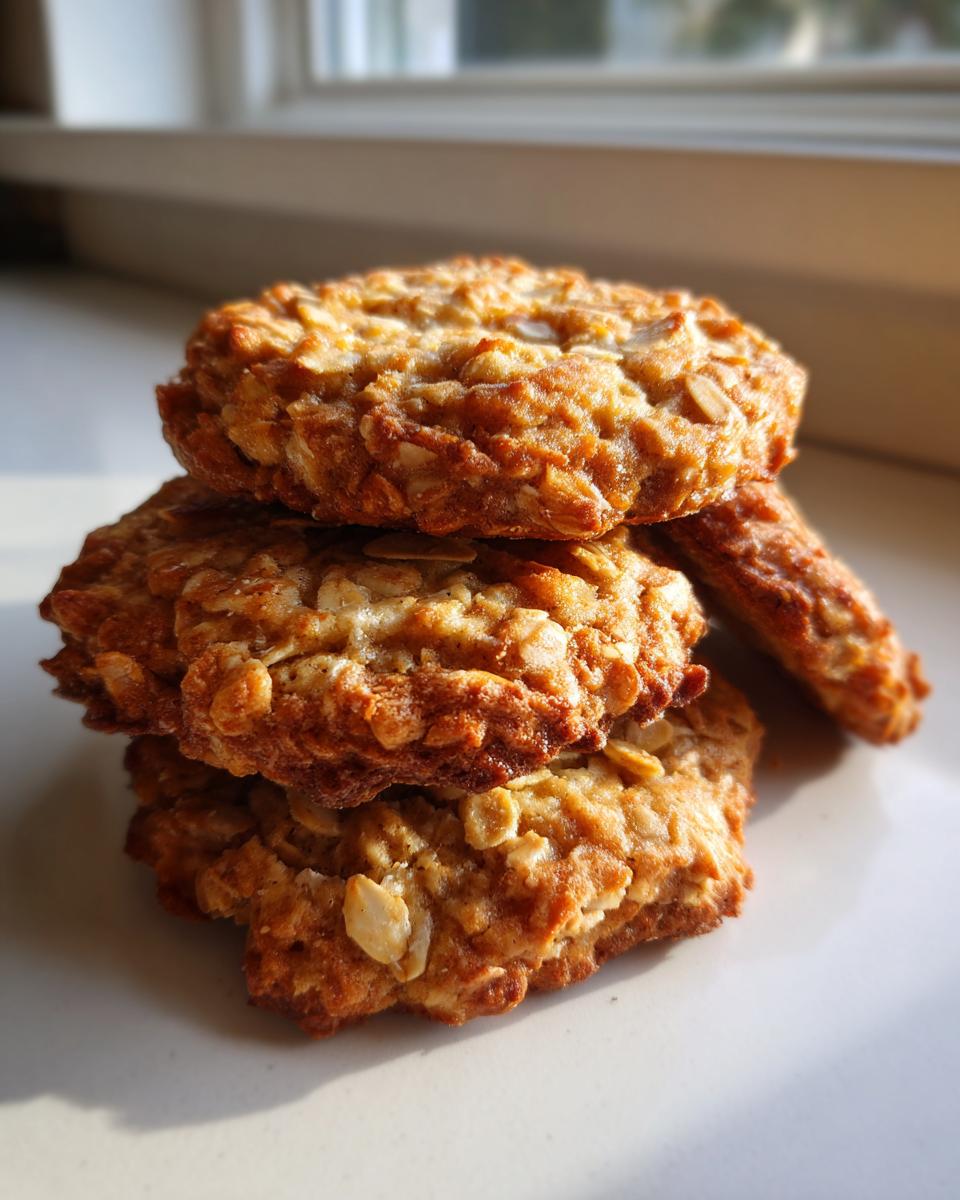 A stack of three golden-brown banana oatmeal cookies resting on a white surface near a window.