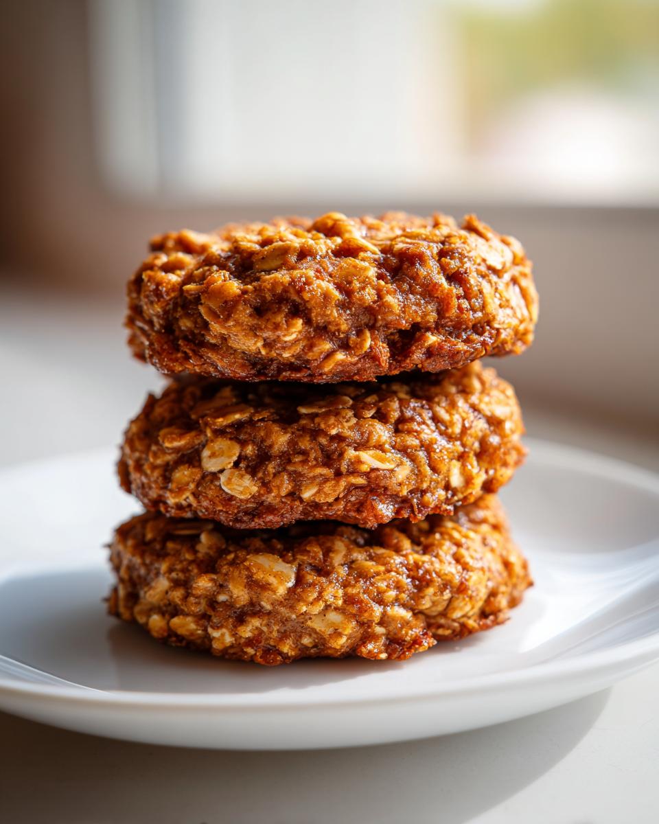 A vertical stack of three golden brown banana oatmeal cookies resting on a white plate.