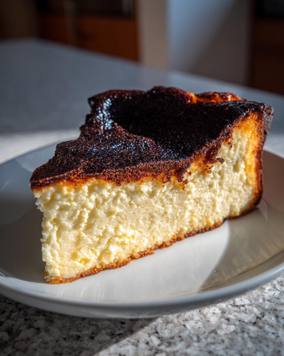 A thick slice of creamy basque cheesecake featuring a deeply caramelized, almost burnt top, served on a white plate.