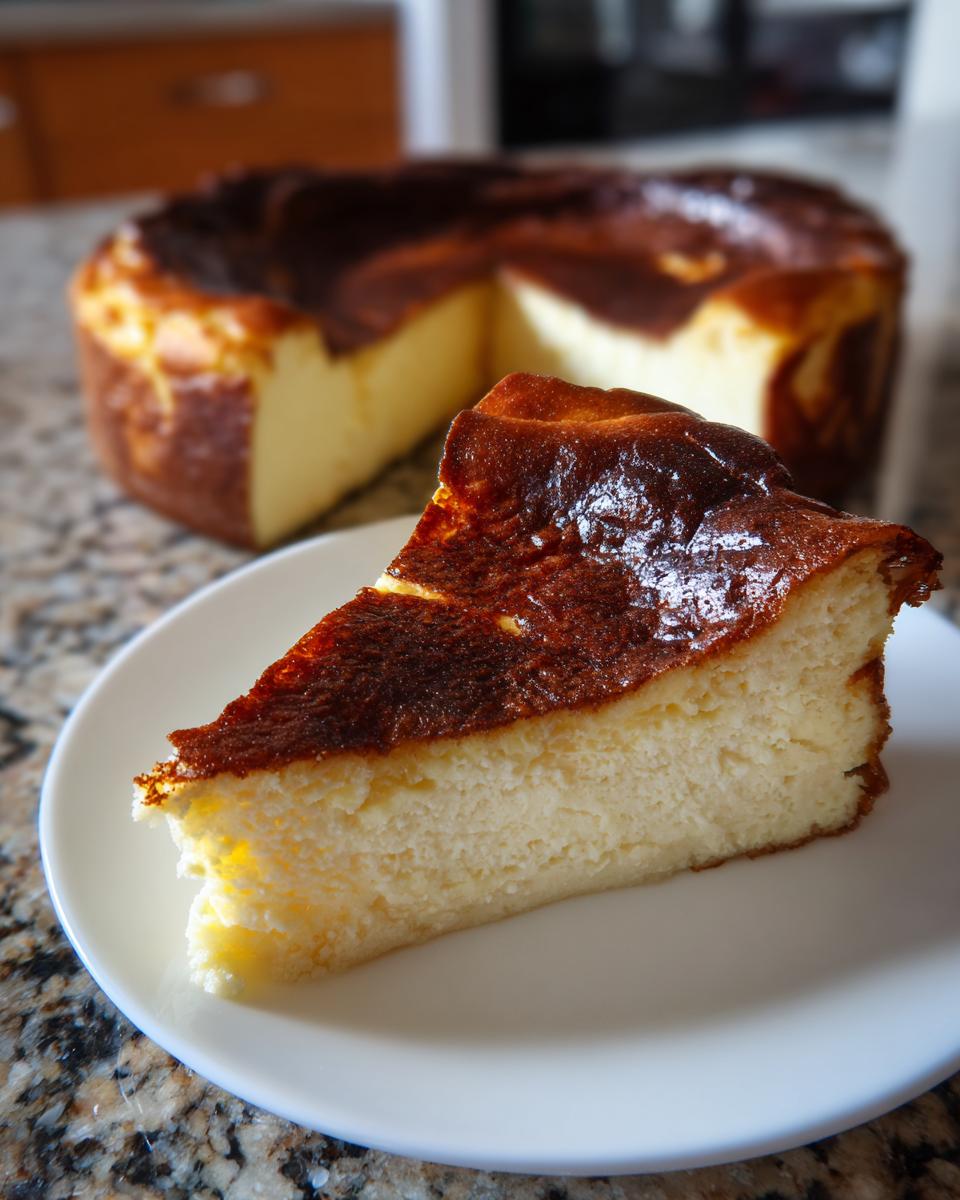 A slice of creamy basque cheesecake with a deeply caramelized, burnt top resting on a white plate.