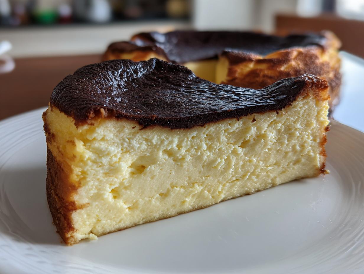 A close-up slice of creamy basque cheesecake showing its signature dark, caramelized top.