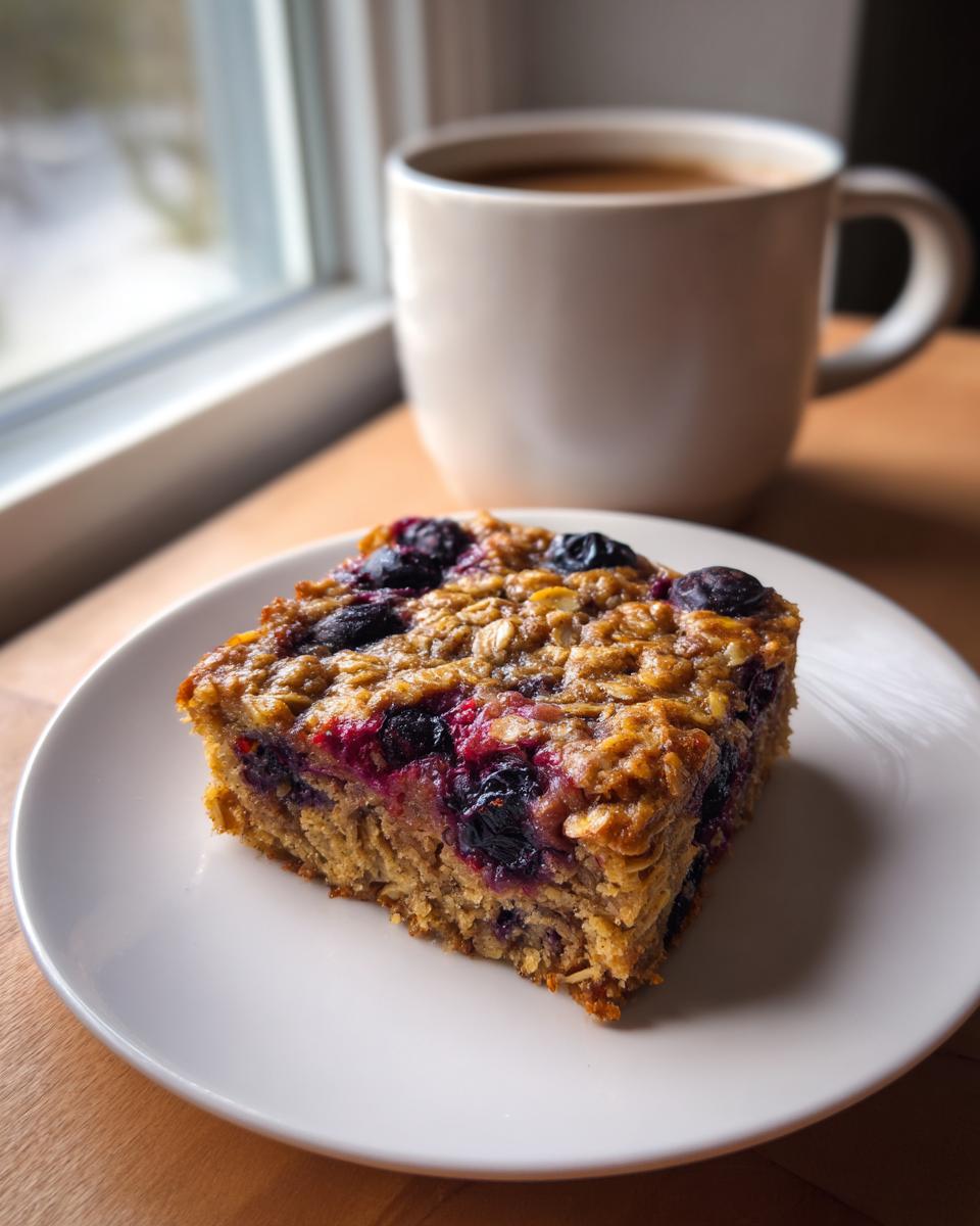 A square slice of berry baked oatmeal on a white plate next to a mug of coffee.