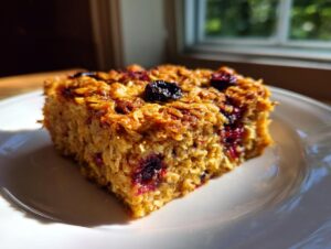 Close-up of a square slice of berry baked oatmeal with visible oats and dark berries, served on a white plate.