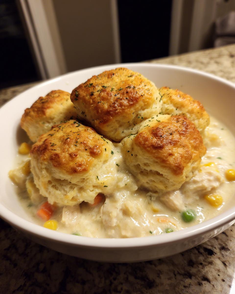 A close-up of a creamy chicken pot pie casserole topped with golden, herb-dusted biscuits served in a white bowl.