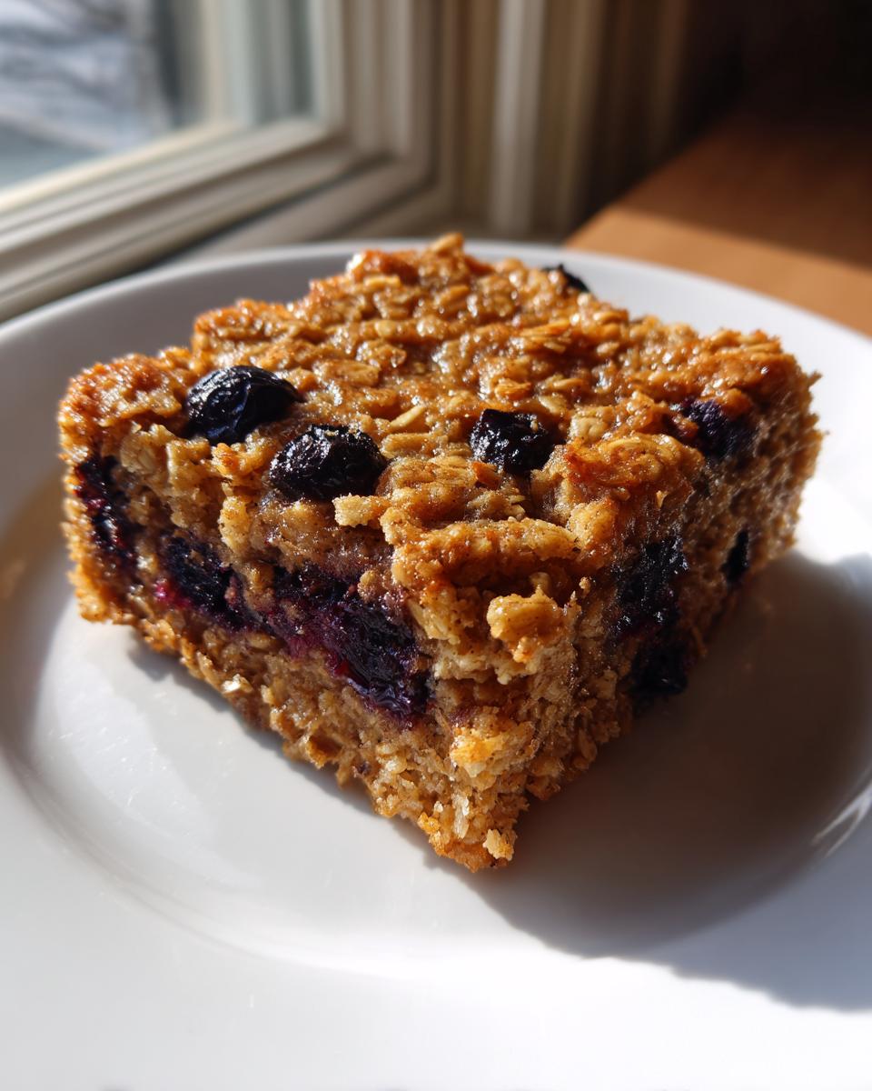 A square serving of moist, golden baked oatmeal with visible blueberries, sitting on a white plate.