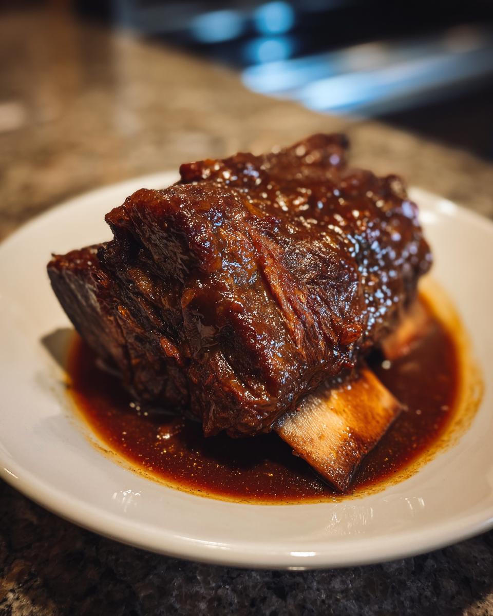 Close-up of tender braised short ribs coated in a rich, dark glaze, resting in sauce on a white plate.
