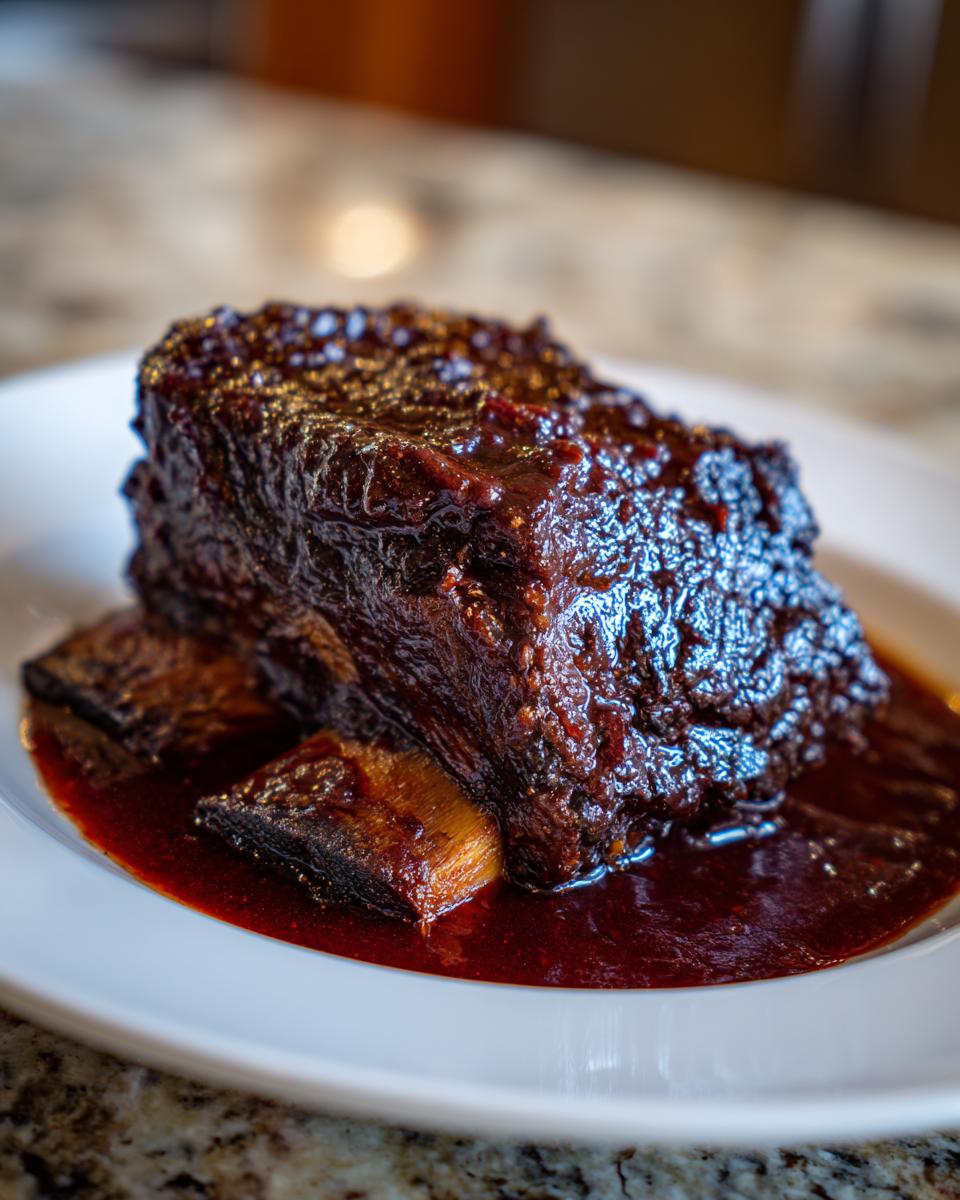 Close-up of a tender, dark braised short ribs serving covered in a rich, glossy sauce.