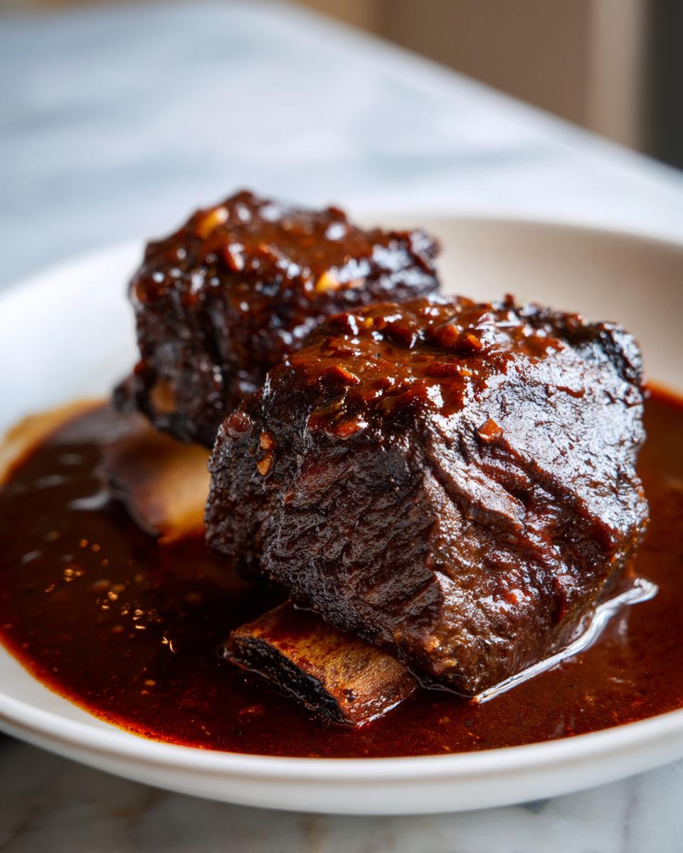Two succulent, dark brown braised short ribs covered in a thick, glossy sauce resting in a white bowl.