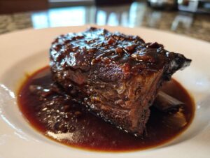 Close-up of a single, tender braised short ribs piece coated in a dark, glossy sauce on a white plate.