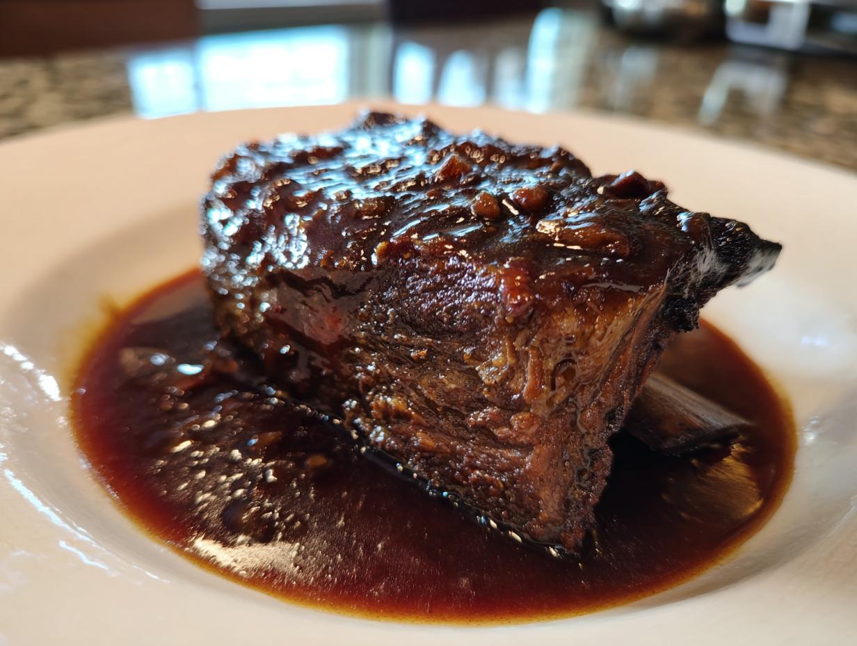 Close-up of a single, tender braised short ribs piece coated in a dark, glossy sauce on a white plate.