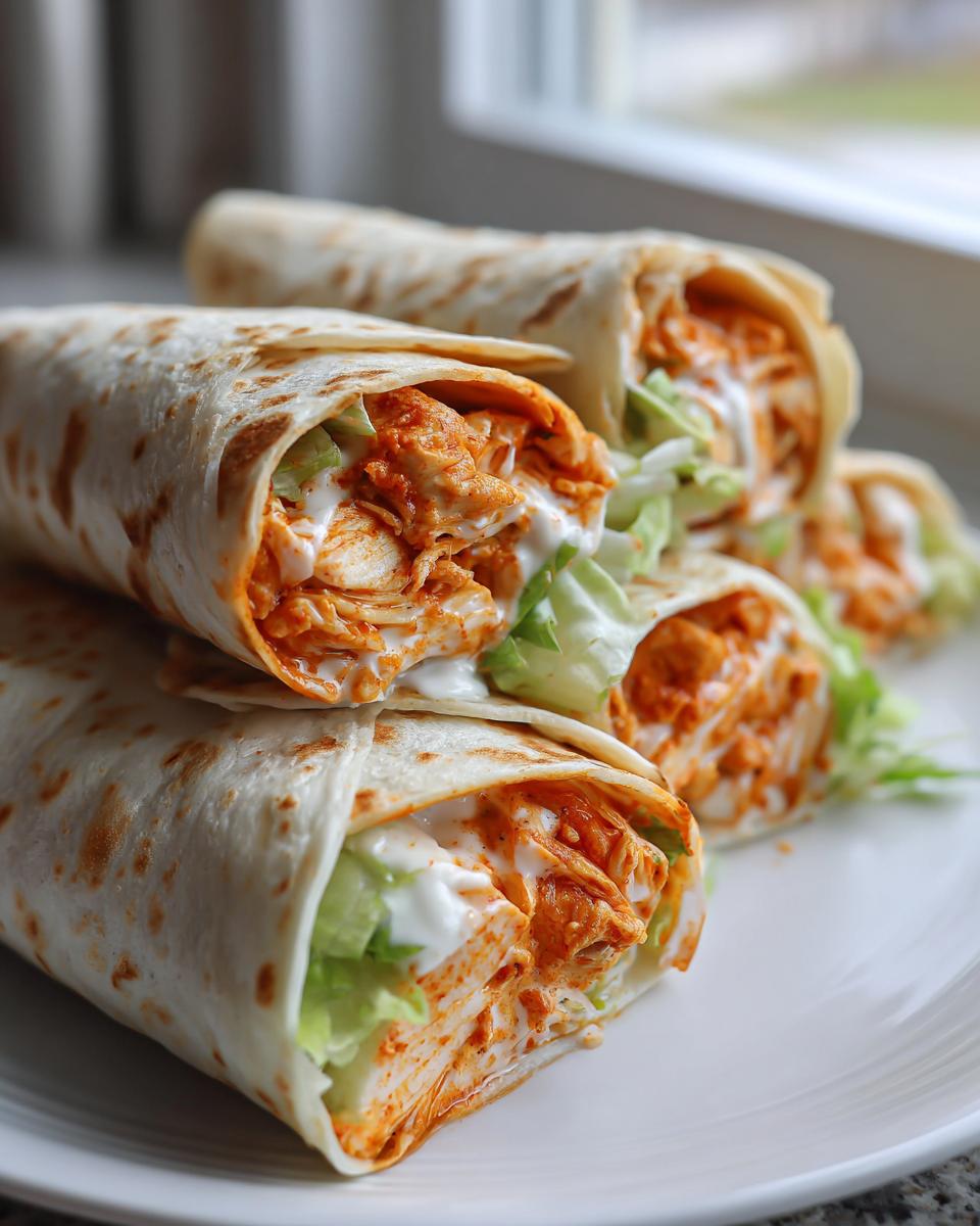 Close-up of several buffalo chicken wraps filled with shredded spicy chicken, lettuce, and ranch dressing on a white plate.