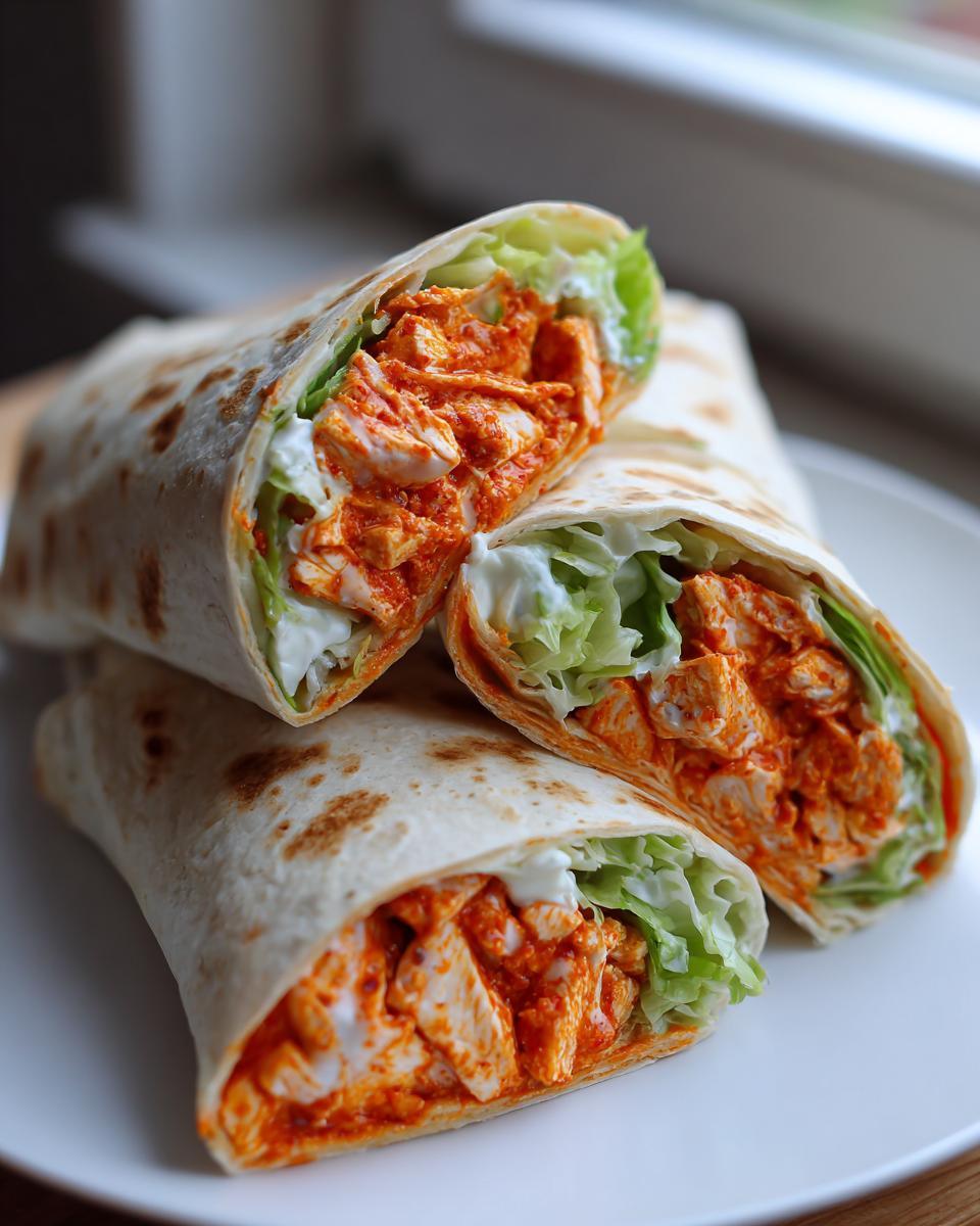Three halves of buffalo chicken wraps stacked on a white plate, showing spicy chicken, lettuce, and ranch dressing.