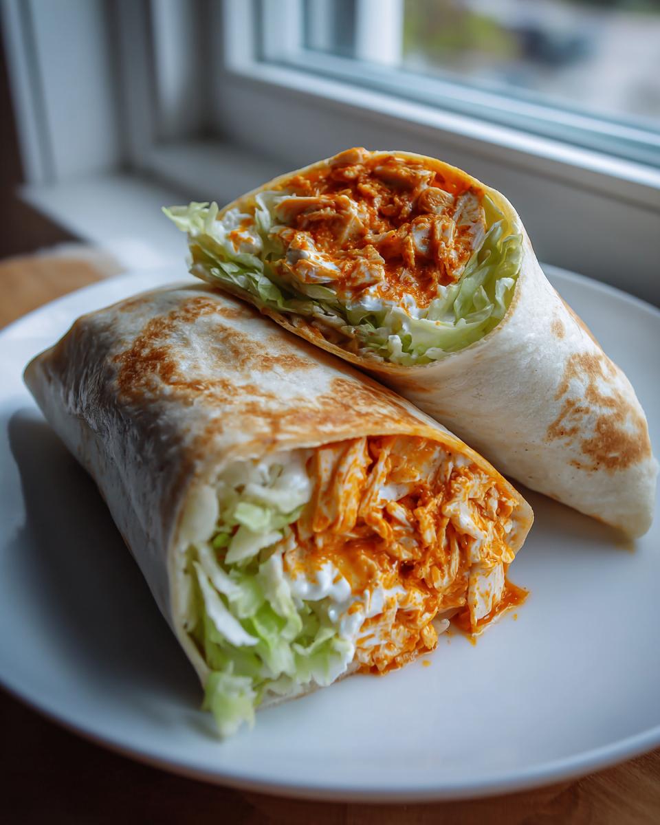 Two halves of a buffalo chicken wrap filled with shredded chicken in orange sauce, lettuce, and ranch dressing, resting on a white plate.