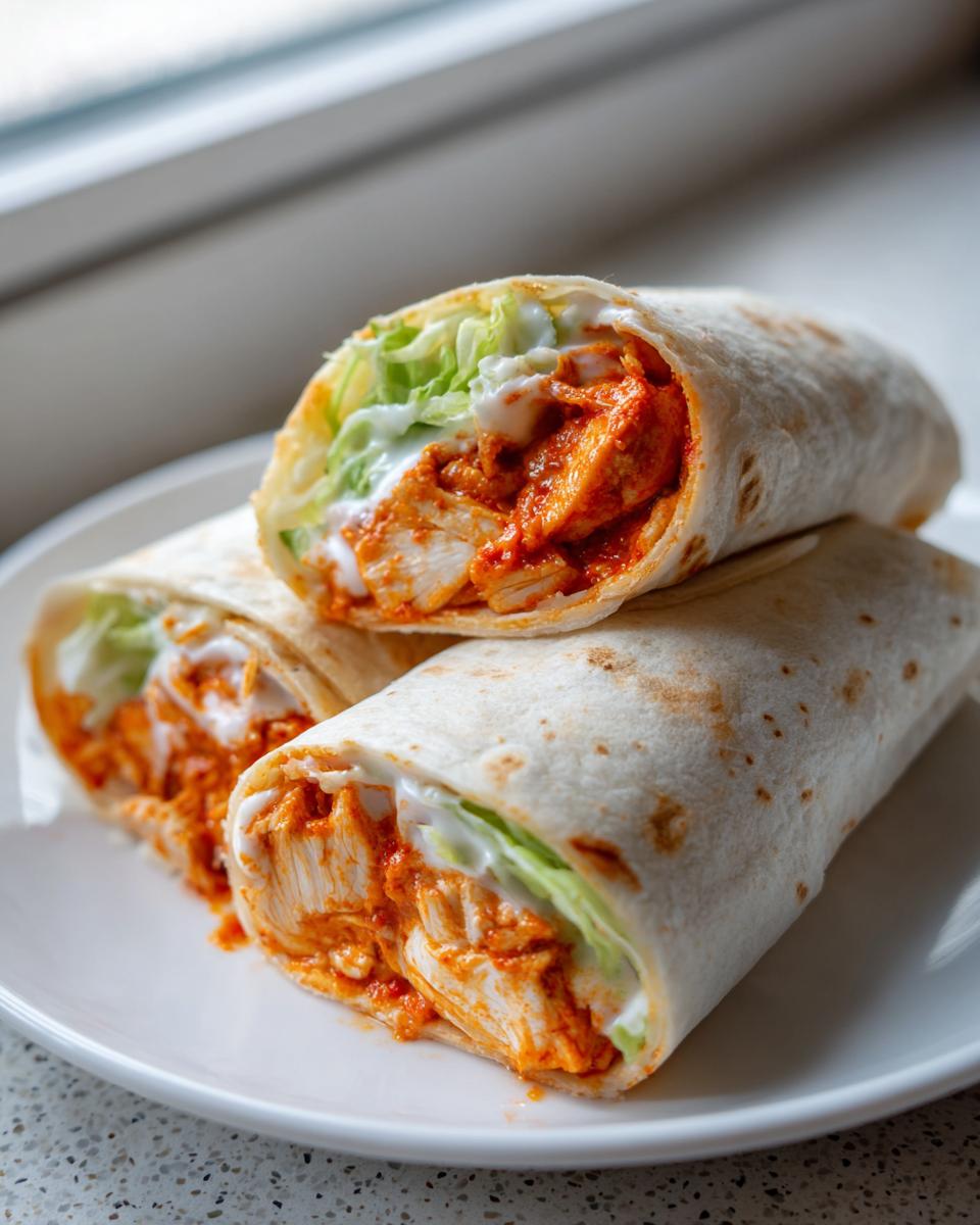 Three halves of buffalo chicken wraps, showing spicy chicken, lettuce, and ranch dressing inside a tortilla.