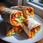 Four toasted buffalo chicken wraps filled with spicy chicken, lettuce, and ranch dressing, stacked on a white plate.