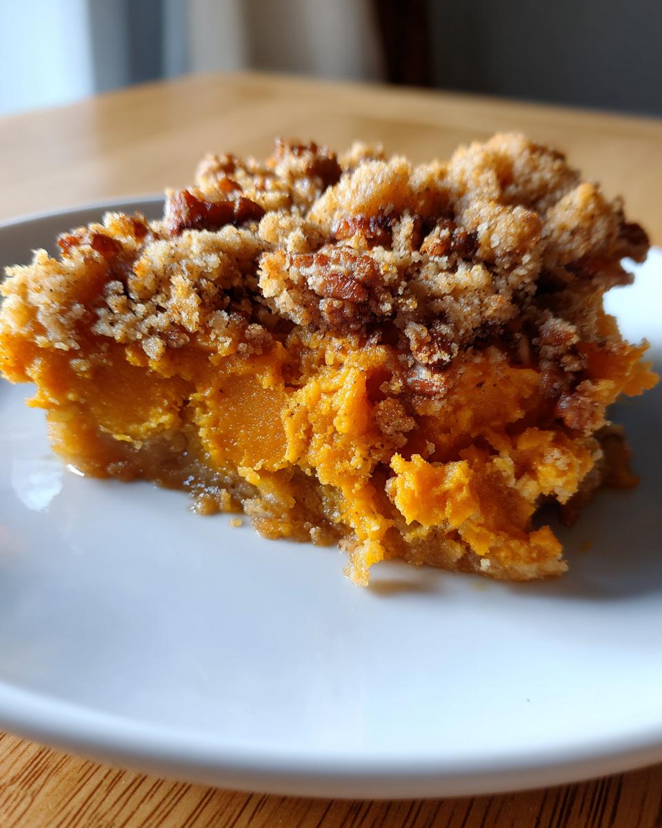 Close-up of a serving of bright orange butternut squash casserole topped with a crunchy pecan crumble.