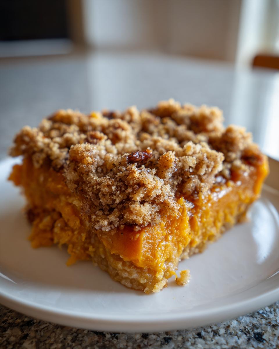 A single serving of sweet butternut squash casserole topped with a brown sugar pecan crumble.