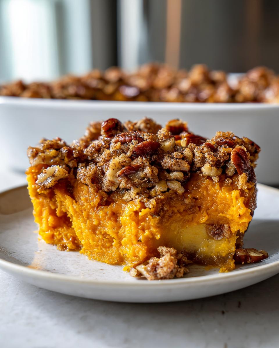 A close-up serving of bright orange butternut squash casserole topped with a crunchy pecan streusel topping.