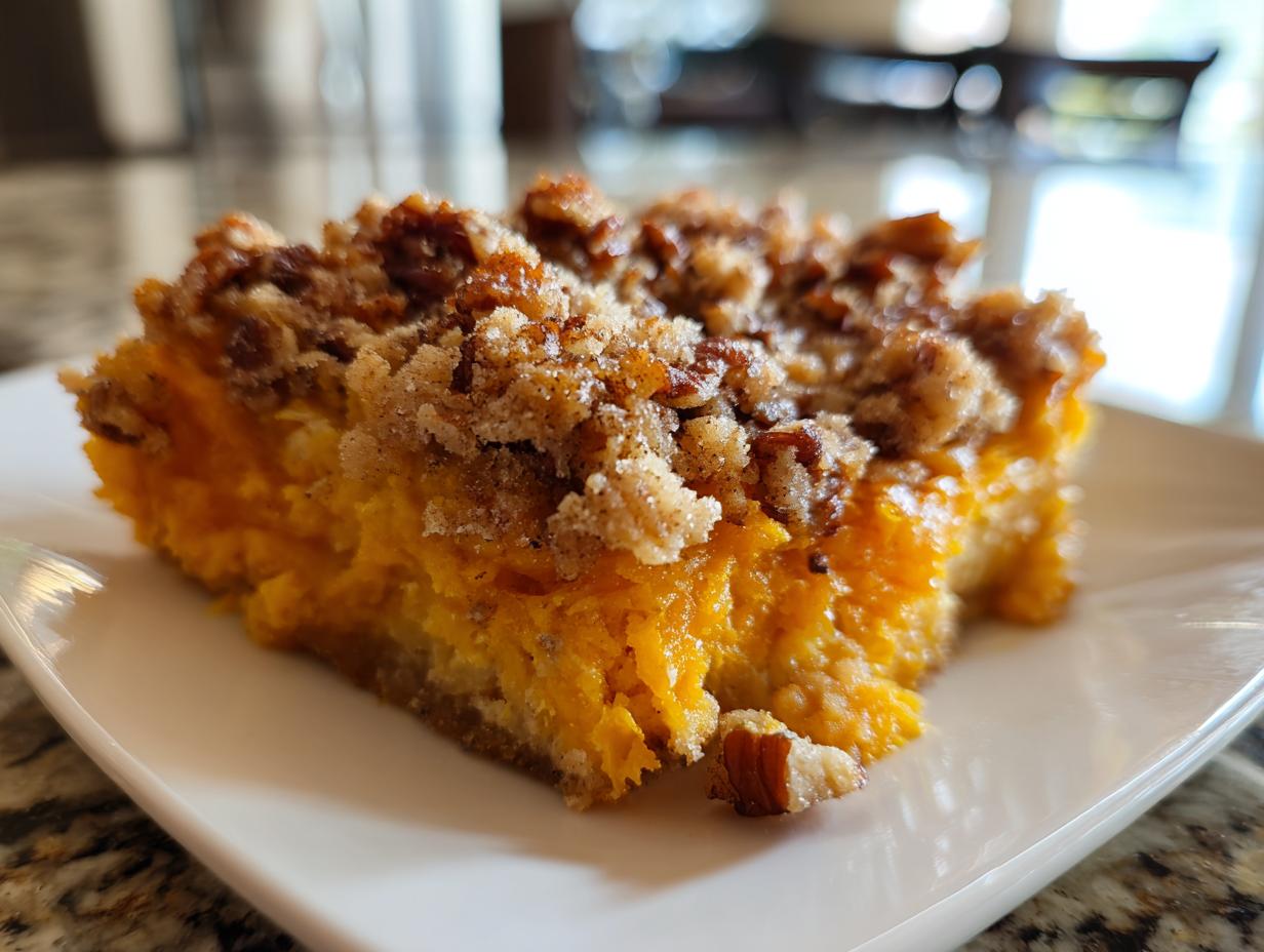 A close-up of a single serving of bright orange butternut squash casserole topped with a crunchy pecan streusel.