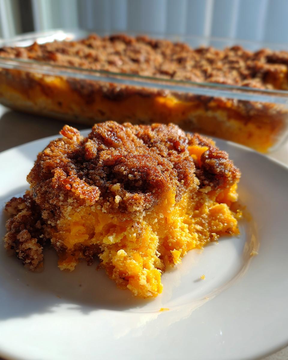 A square serving of bright orange butternut squash casserole topped with a rich brown sugar streusel topping on a white plate.