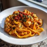 A close-up of creamy Cajun chicken pasta featuring fettuccine, chicken pieces, and sun-dried tomatoes.