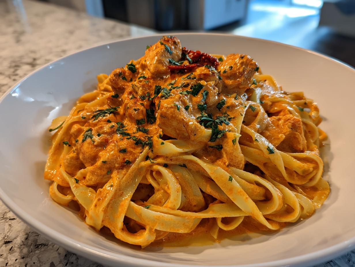 Close-up of creamy Cajun chicken pasta featuring fettuccine noodles and chunks of chicken in a rich, orange sauce.