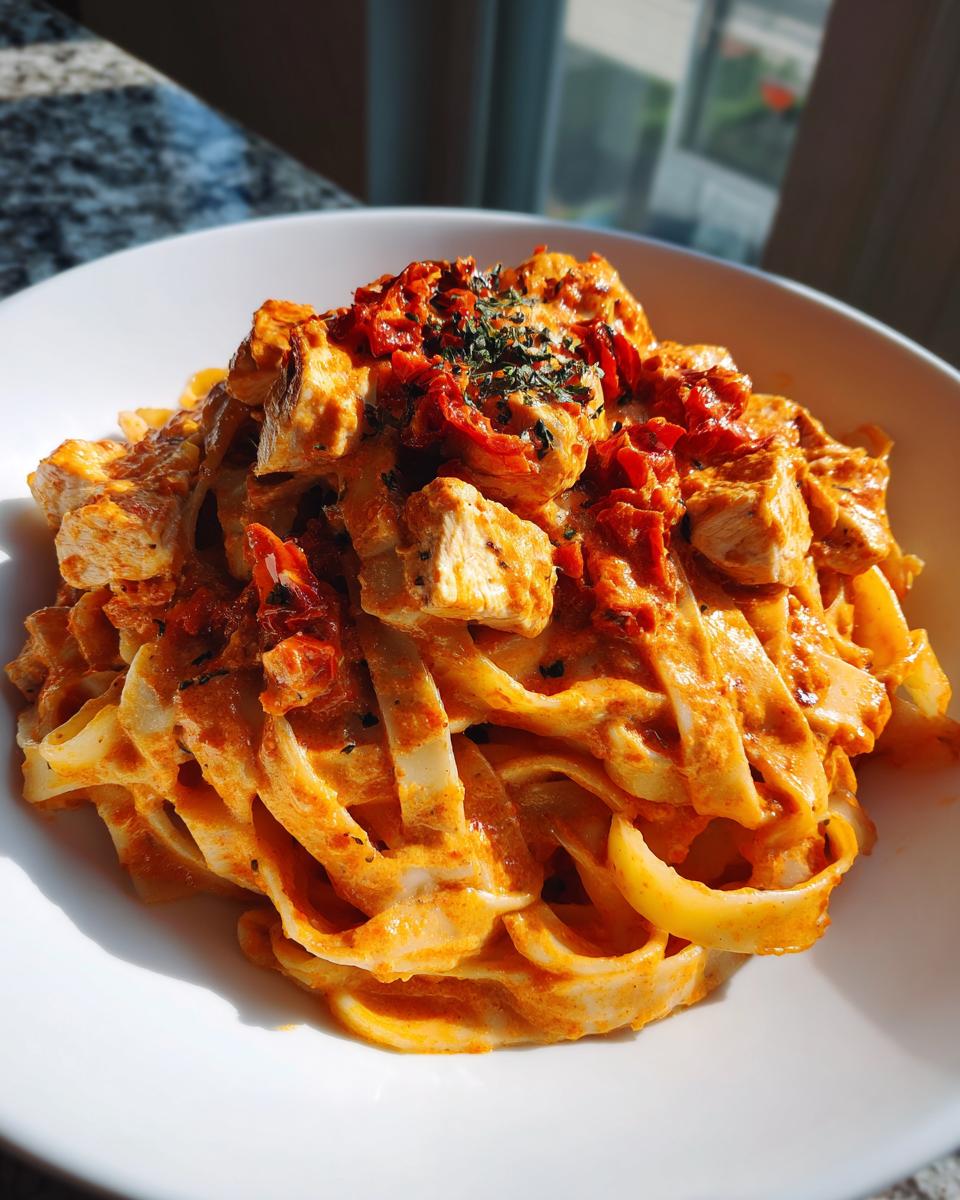 Close-up of creamy cajun chicken pasta featuring fettuccine, diced chicken, and sun-dried tomatoes.