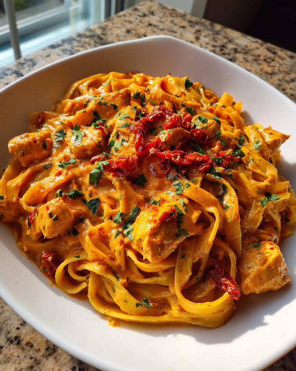 Close-up of creamy Cajun chicken pasta with fettuccine, chicken pieces, and sun-dried tomatoes.