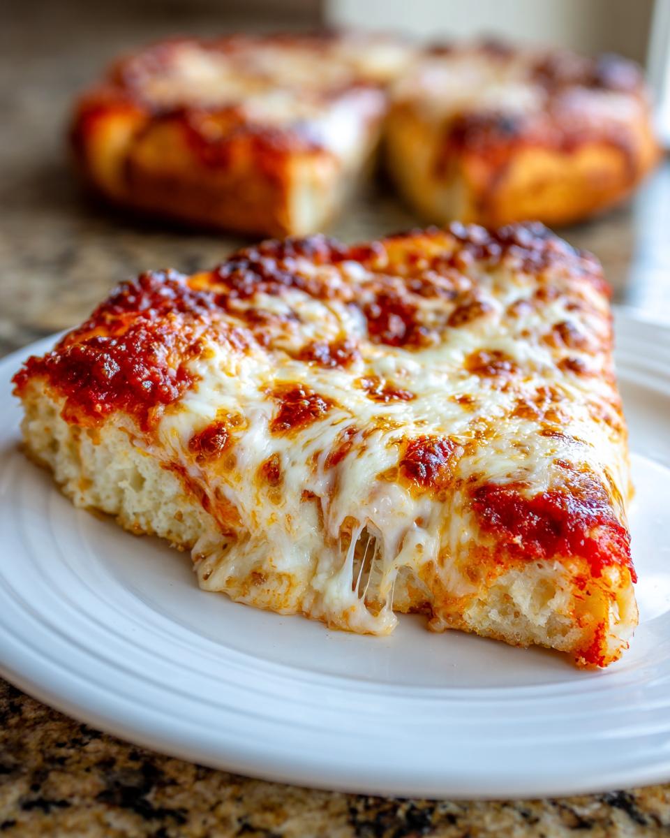 A thick slice of cheese pizza showing melted, stretching mozzarella cheese over rich tomato sauce.