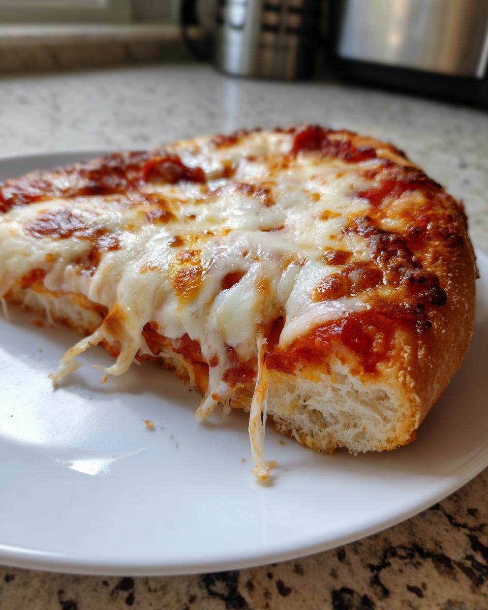 Close-up of a thick slice of homemade cheese pizza with extremely gooey, stretching mozzarella cheese.