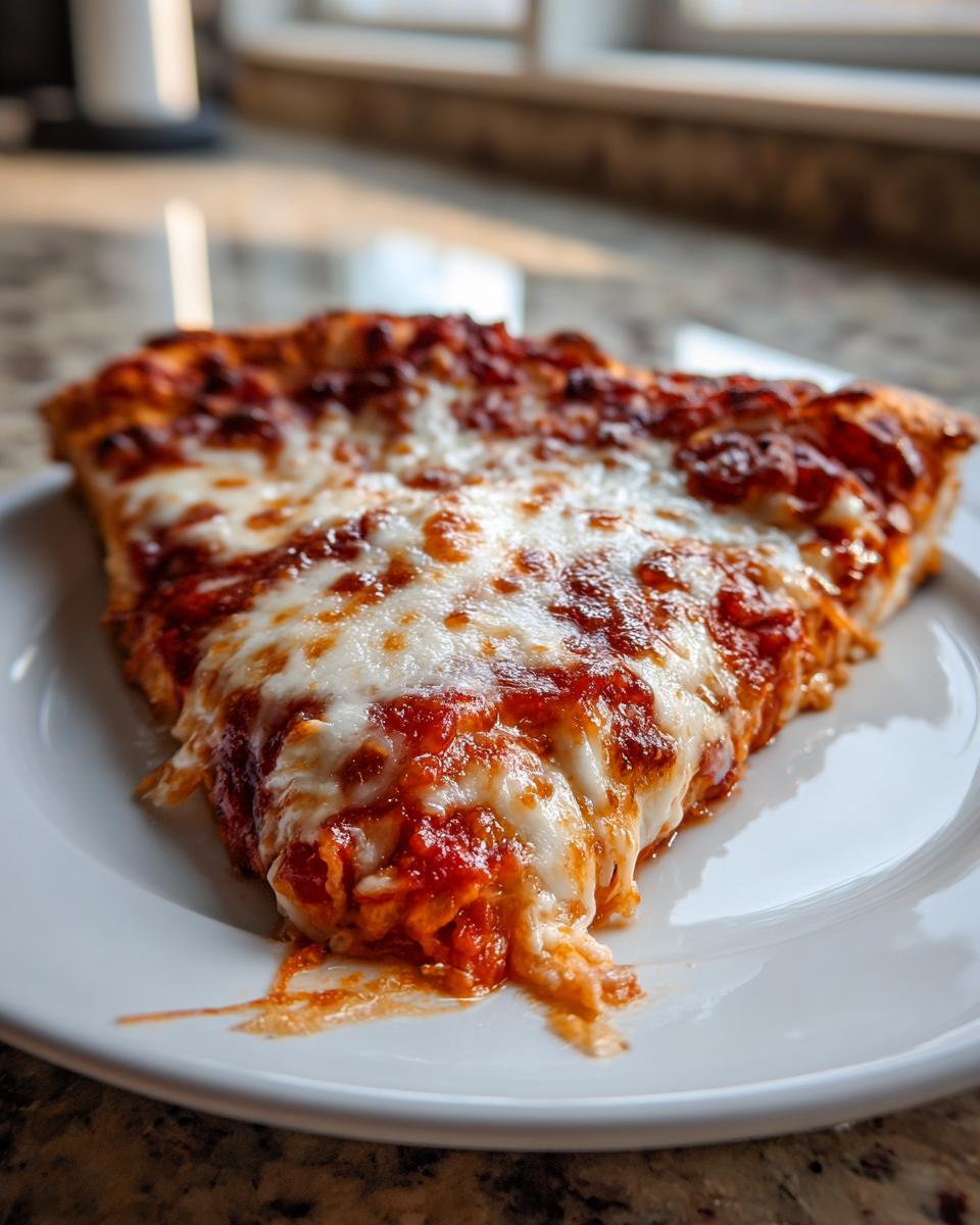 A close-up of a piping hot slice of cheese pizza with melted mozzarella dripping onto a white plate.