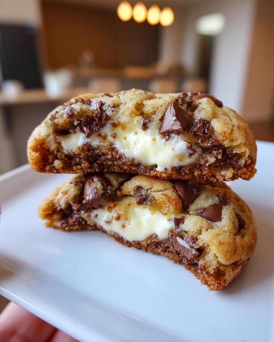 Close-up of two halves of a cheesecake cookie stacked, revealing a gooey, creamy white cheesecake center and chocolate chips.