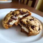 A close-up of a chocolate chip cheesecake cookie broken in half, showing the creamy white cheesecake filling.