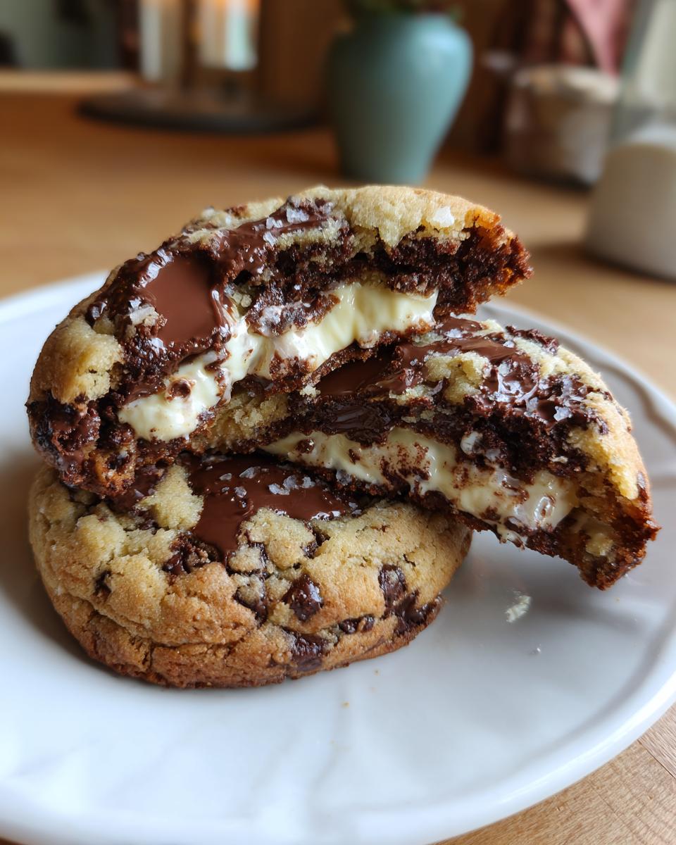 Cross-section of a chocolate chip cheesecake cookie showing melted chocolate and creamy filling.