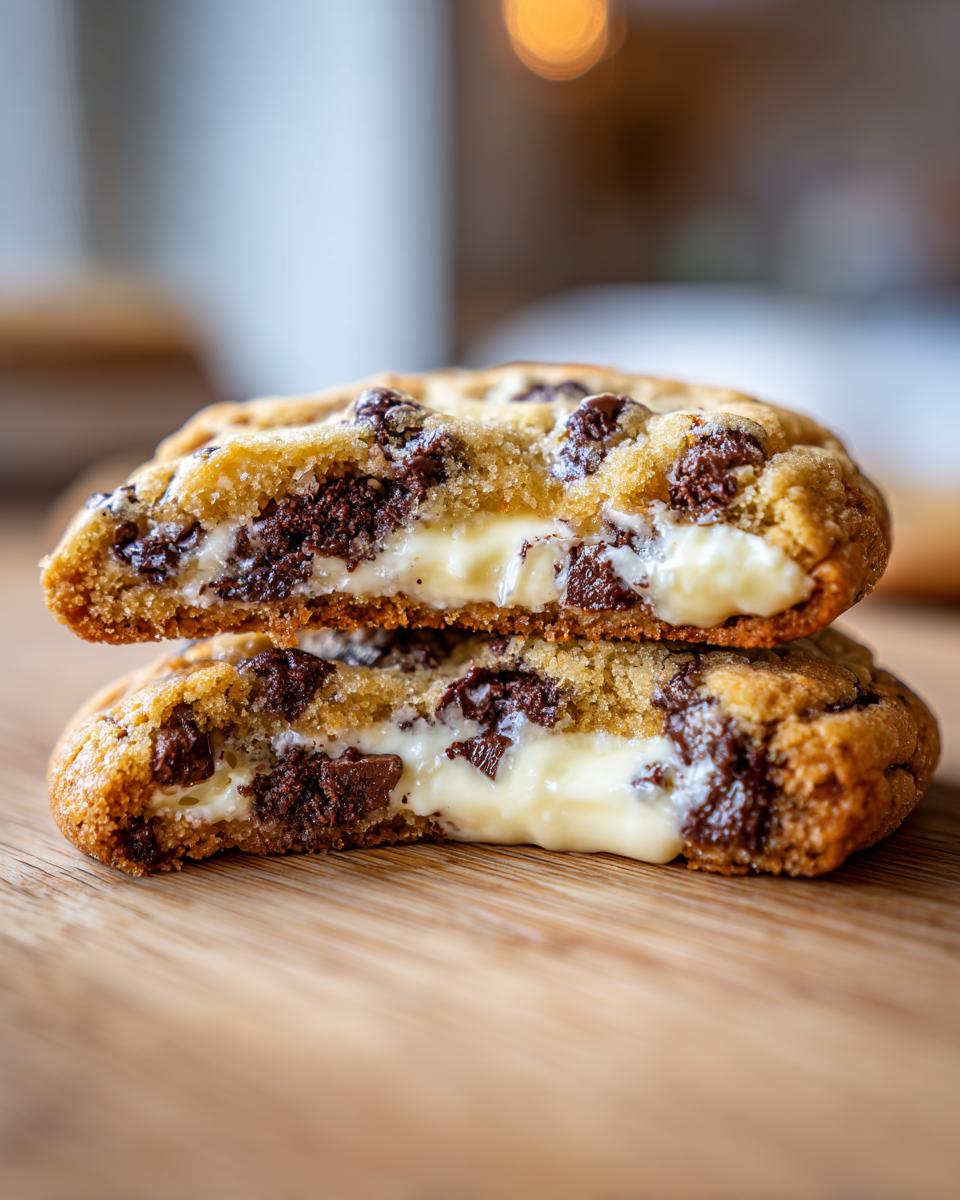 A chocolate chip cookie, cut in half, revealing a gooey, creamy cheesecake center. These are amazing cheesecake cookies.