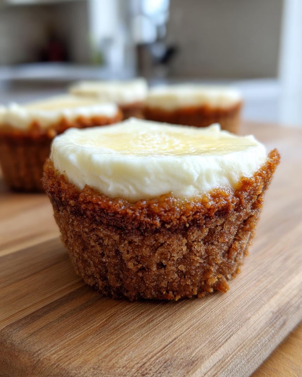 A close-up of one of the amazing cheesecake cupcakes, featuring a dark brown crust and thick white frosting drizzled with glaze.