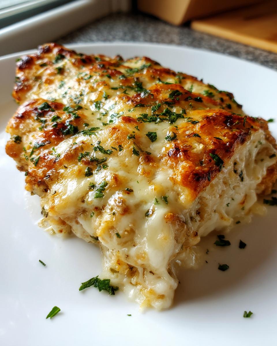 A close-up of a baked caesar chicken breast covered in melted, browned cheese and sprinkled with parsley.