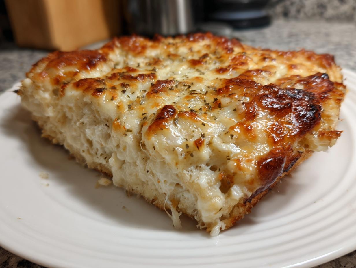 A thick slice of cheesy bread topped with melted, browned cheese and herbs, potentially related to caesar chicken recipes.