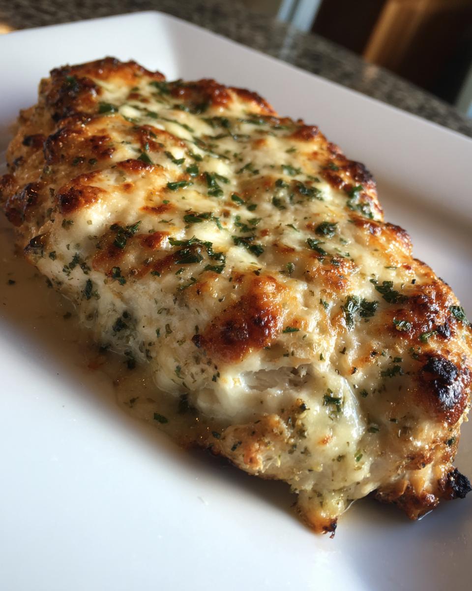 Close-up of a juicy caesar chicken breast topped with melted, browned cheese and fresh parsley.