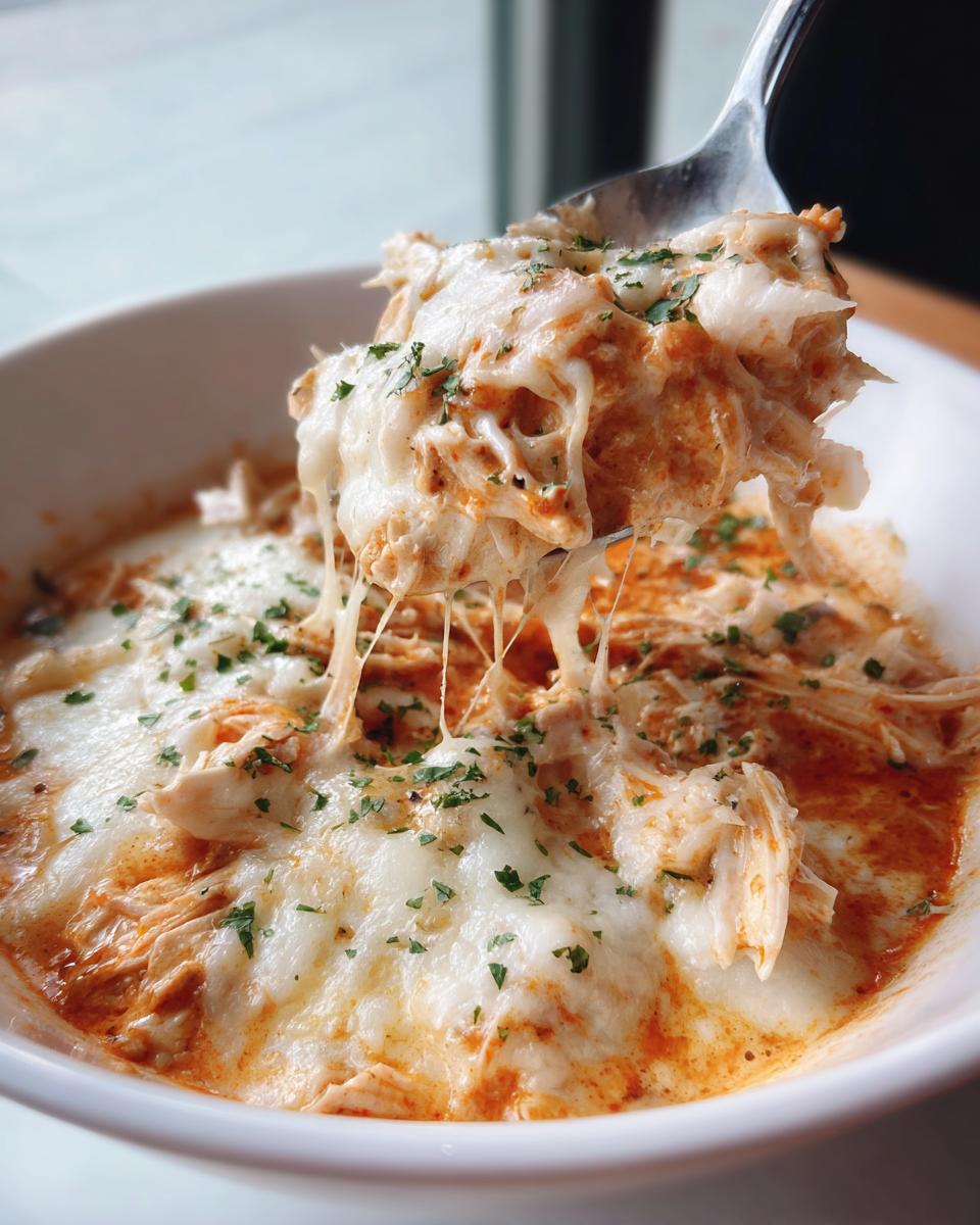 Close-up of shredded chicken parmesan soup with melted, stringy mozzarella cheese being lifted by a spoon.