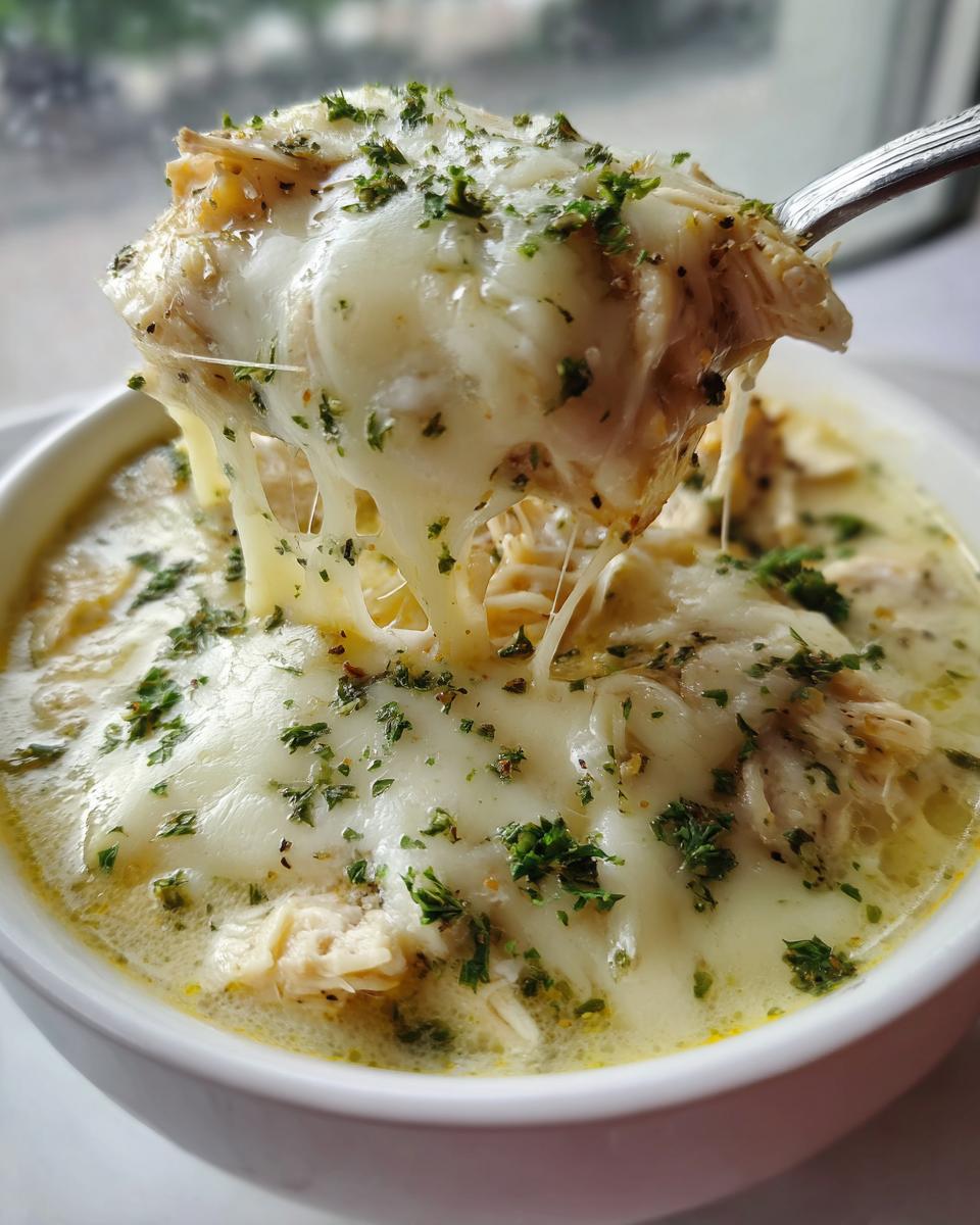 A spoonful of creamy chicken parmesan soup lifted from a bowl, showing melted, stretchy mozzarella cheese and herbs.